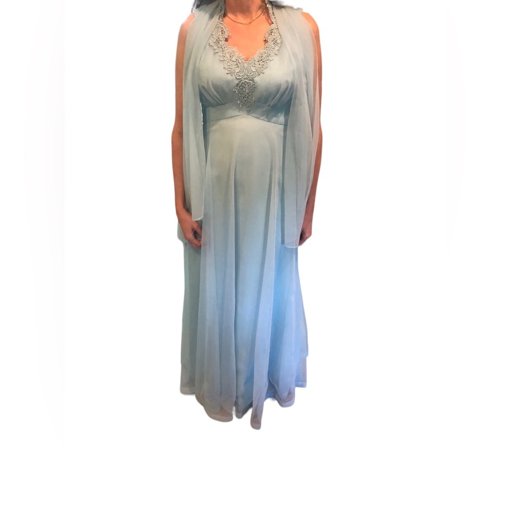 VTG ILGWU VICTORIAN STYLE MAXI DRESS SHEER LACE BABY BLUE HIGH NECK LS 12 PROM